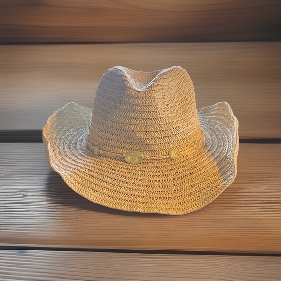 NWOT Panama Jack Cowboy Hat Straw Resort Western Beach Beaded Wired Brim Cream - Picture 2 of 8